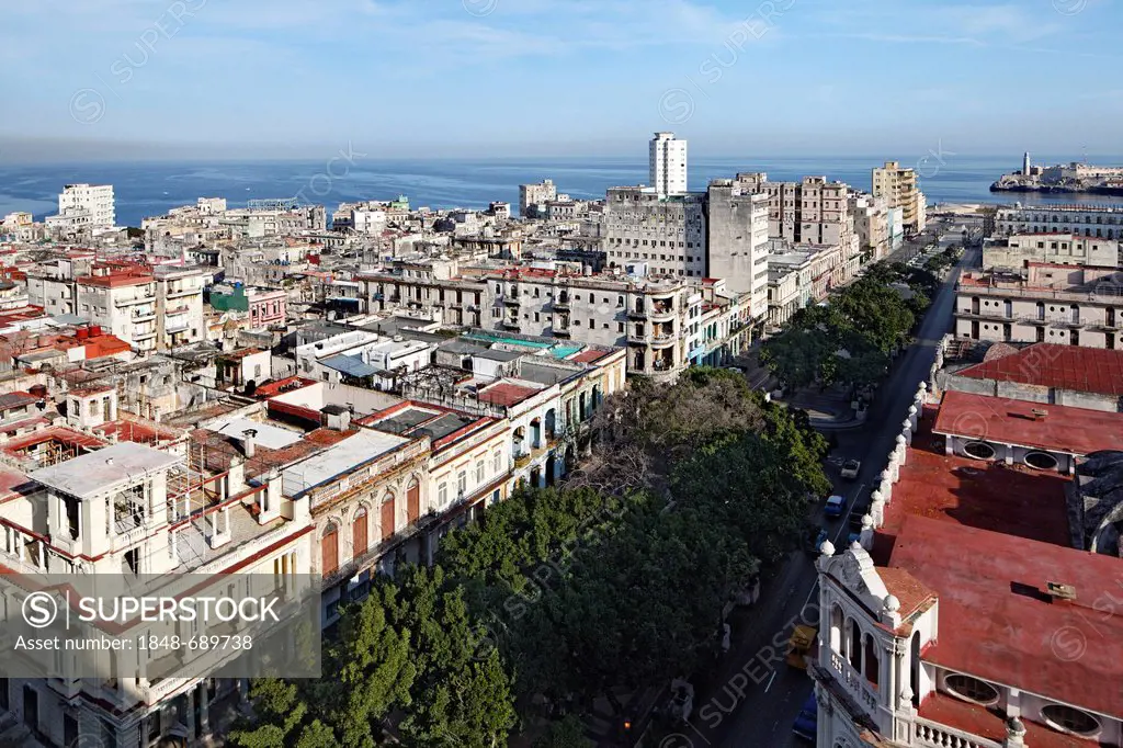 Prado, Paseo de Marti, tree-lined boulevard, panoramic view over the rooftops of Havana, Villa San Cristobal de La Habana, La Habana, Havana, old town...