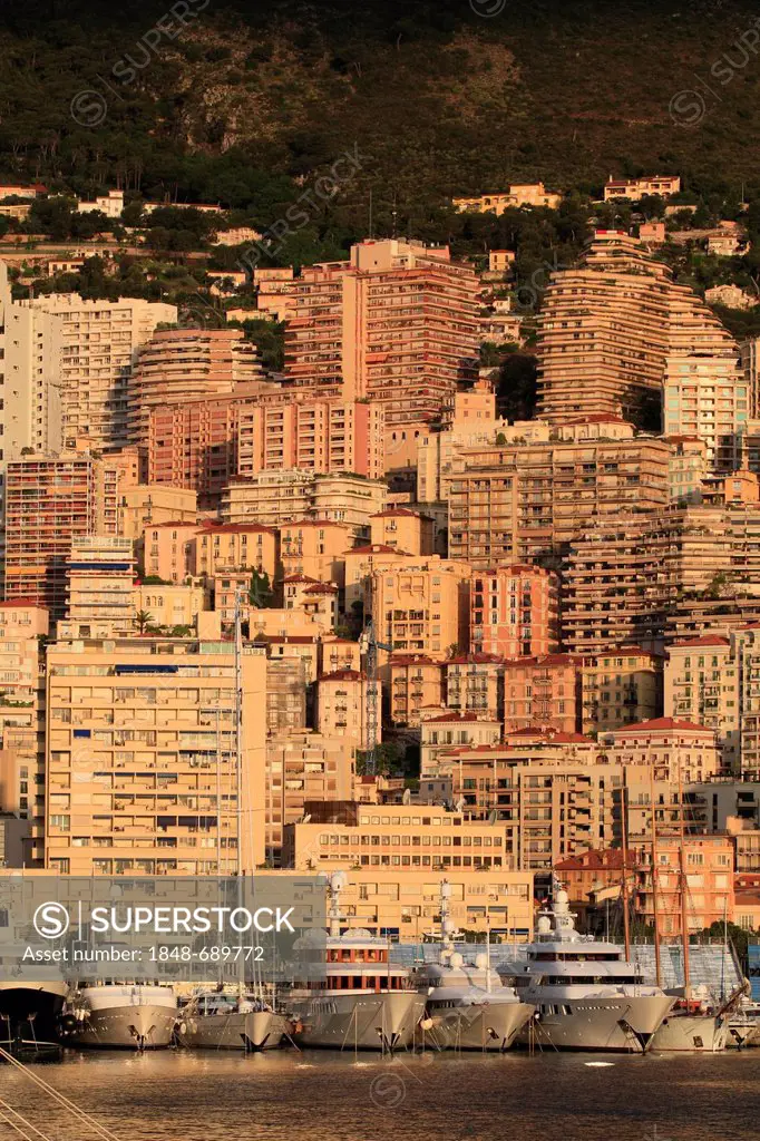 High-rise buildings in the district of La Condamine in the early morning, Principality of Monaco, French Riviera, Mediterranean Sea, Europe