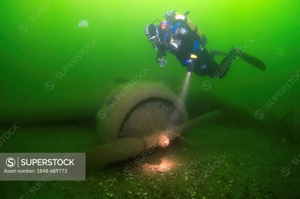 Diver at the plane wreck of the German Junkers Ju-52, Odessa, Black Sea, Ukraine, Eastern Europe