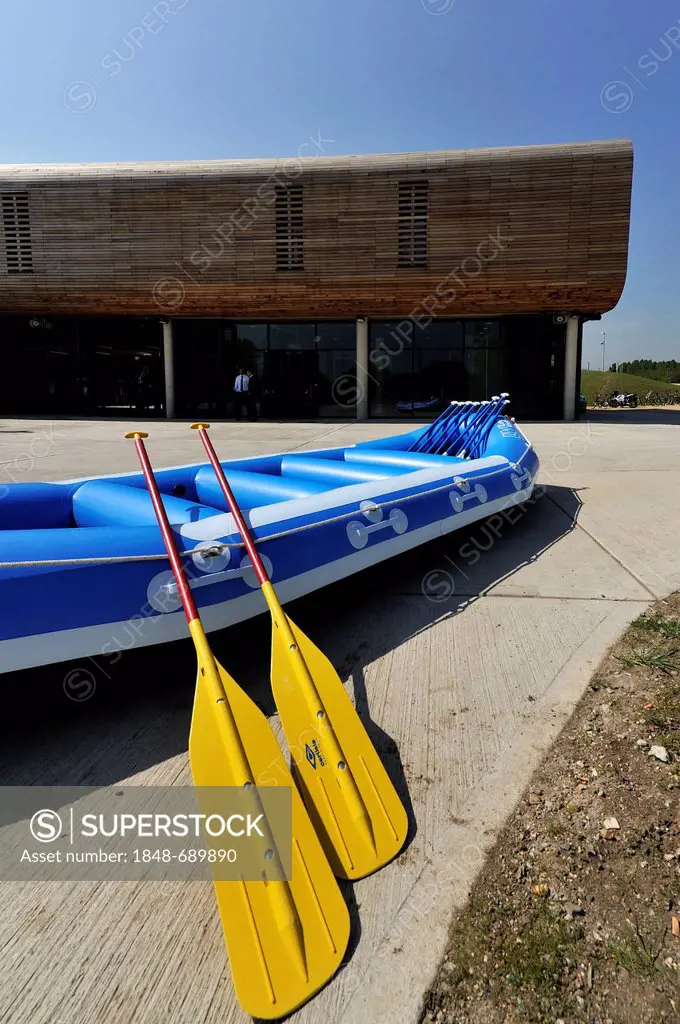 A raft at the 2012 Olympic White Water Centre on opening day, Lee Valley White Water Centre, Hertfordshire, England, United Kingdom, Europe