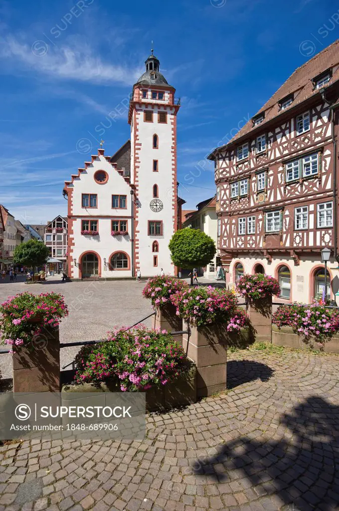 Market square with town call, Mosbach, Odenwald, Rhein-Neckar-Kreis district, Baden-Wuerttemberg, Germany, Europe