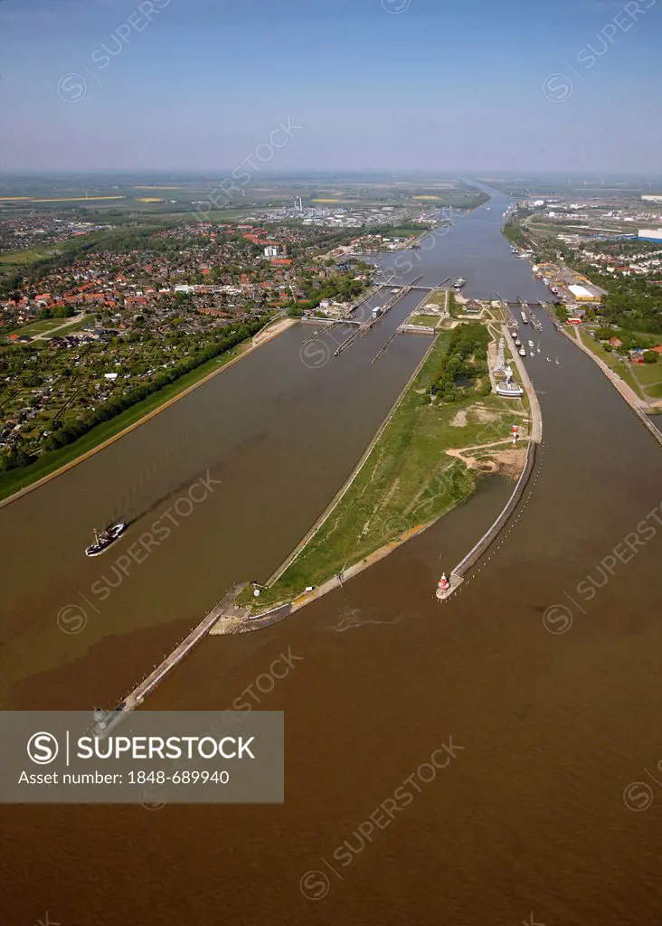Aerial view, entrance to Kiel Canal, Dithmarschen, Schleswig-Holstein, Germany, Europe