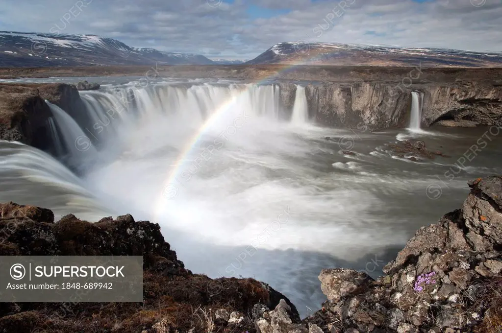Rainbow in the spray of the Goðafoss waterfall, North Iceland, Iceland, Europe