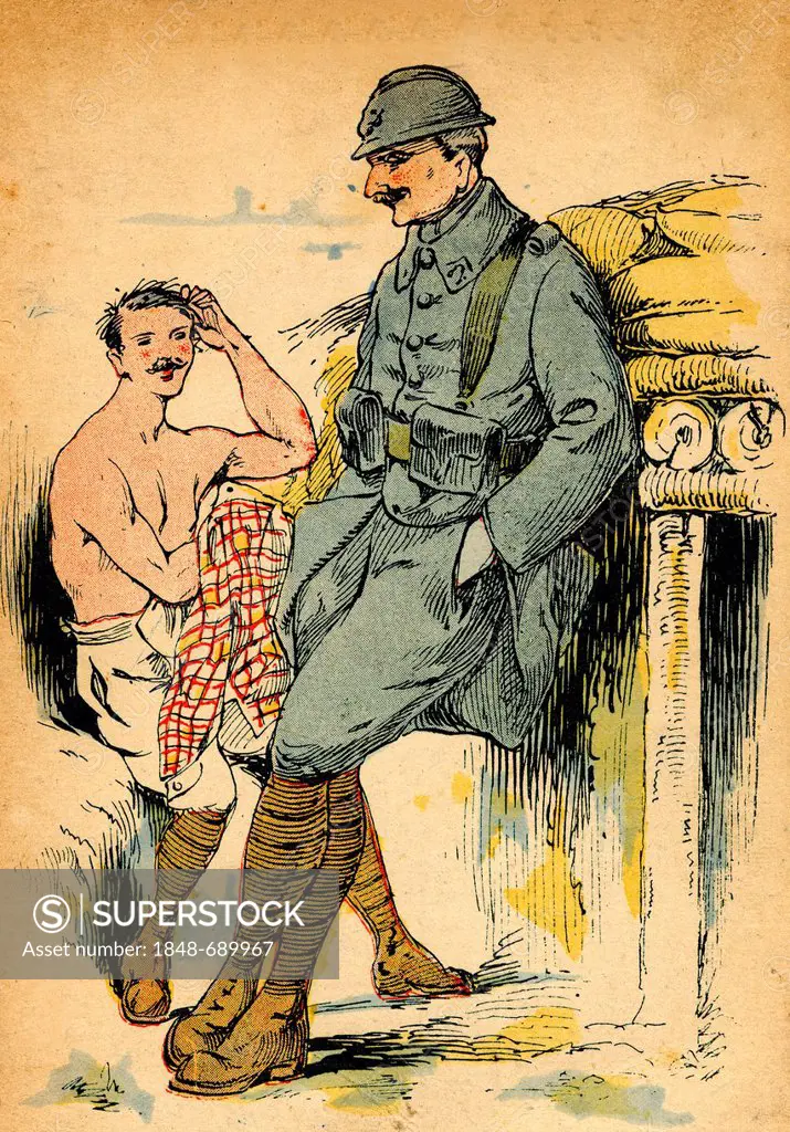 Soldiers suffering from lice, 1st World War, historical illustration, 1915