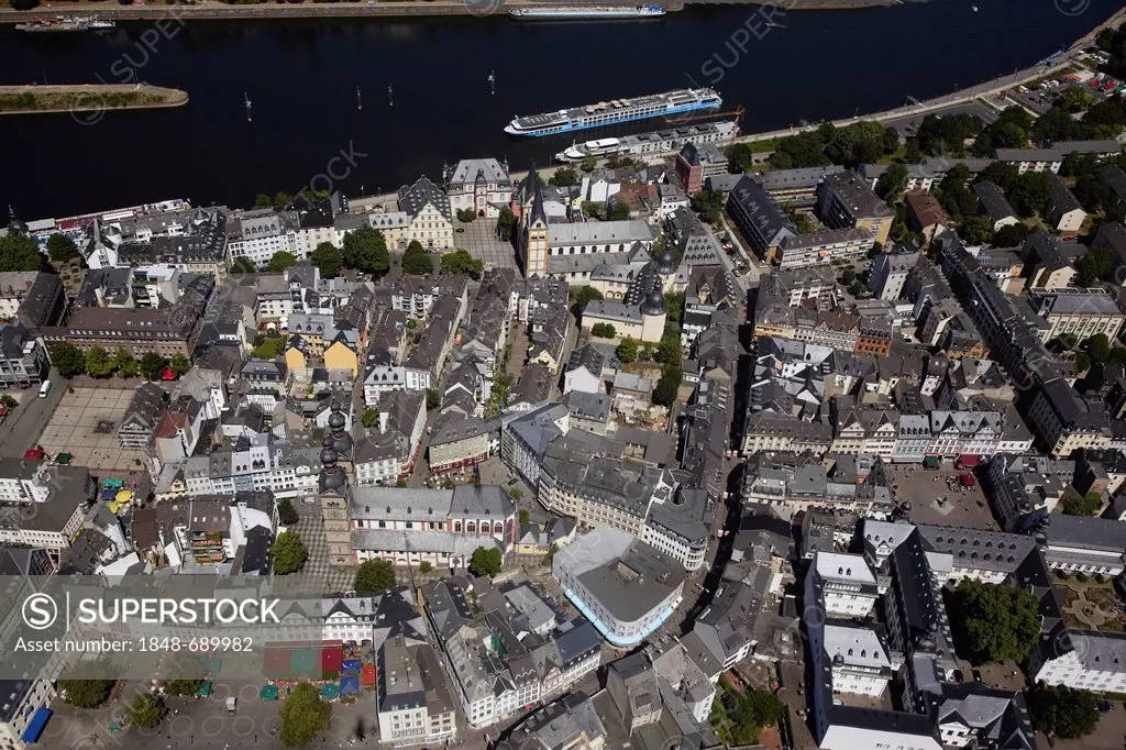 Aerial view, old town of Koblenz with Florinsmarkt square, St. Florin's Church, the Old Department Store and Schoeffenhaus, Koblenz, Rhineland-Palatin...