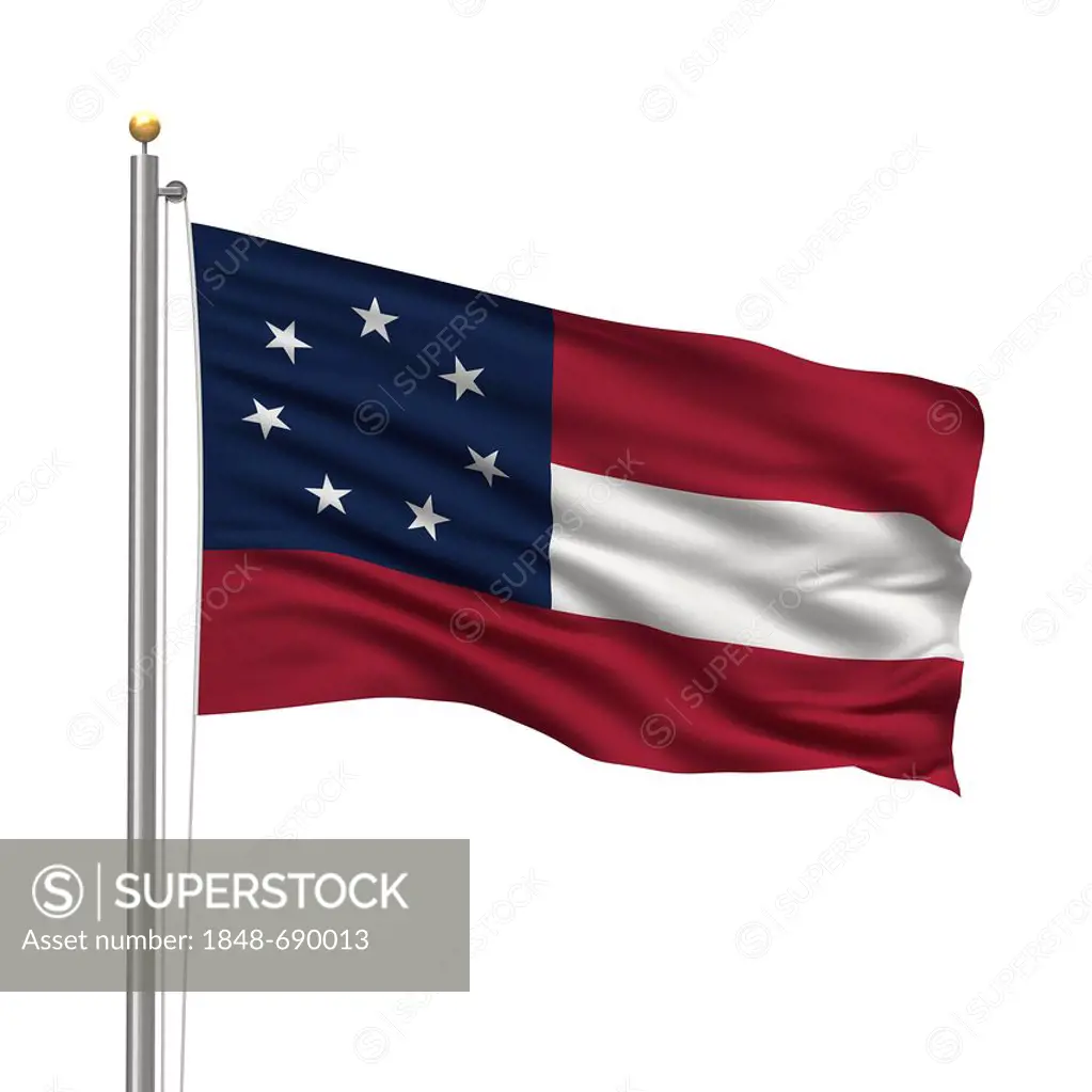 First official flag of the Confederate States of America, called the Stars and Bars, with seven stars waving in the wind