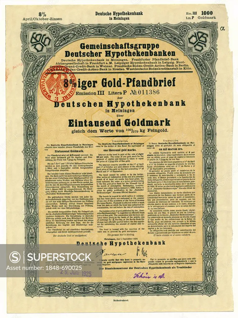 Historical share certificate, 8% Goldpfandbrief bond certificate of Deutsche Hypothekenbank, 1000 gold marks, 1925, Saxony, Germany, Europe