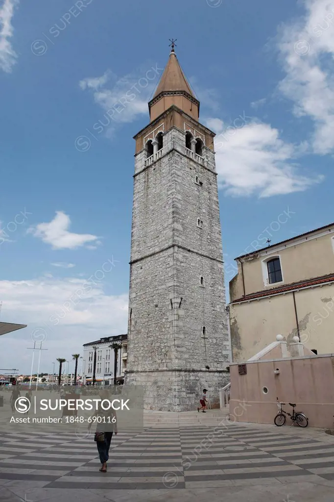 Bell tower of the Santa Maria parish church in the Piazza Slobode Liberta, Umag, Istria, Croatia, Europe