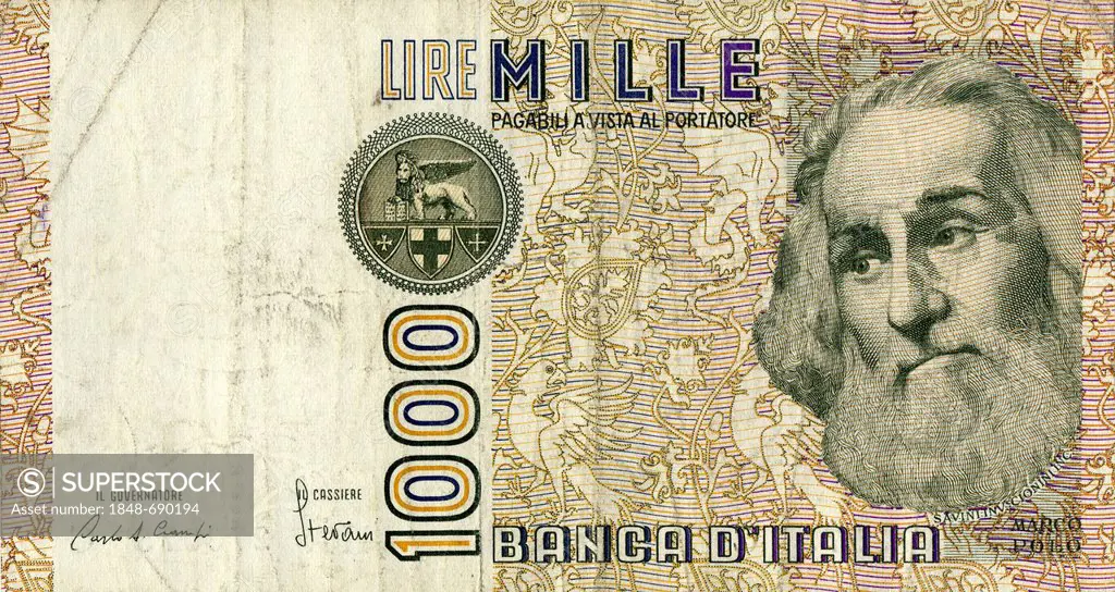 Historic banknote, 1000 lire, image of Marco Polo a Venetian merchant, Italy, 1982