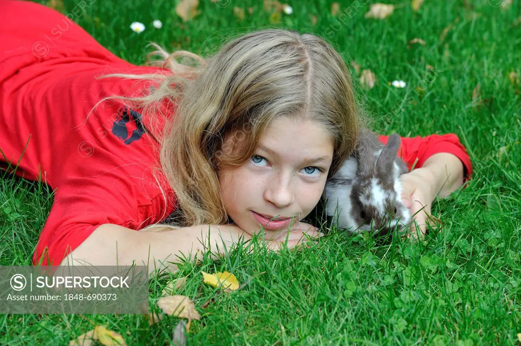 Girl, 11, cuddling with a young Domestic Rabbit (Oryctolagus cuniculus forma domestica) on a meadow