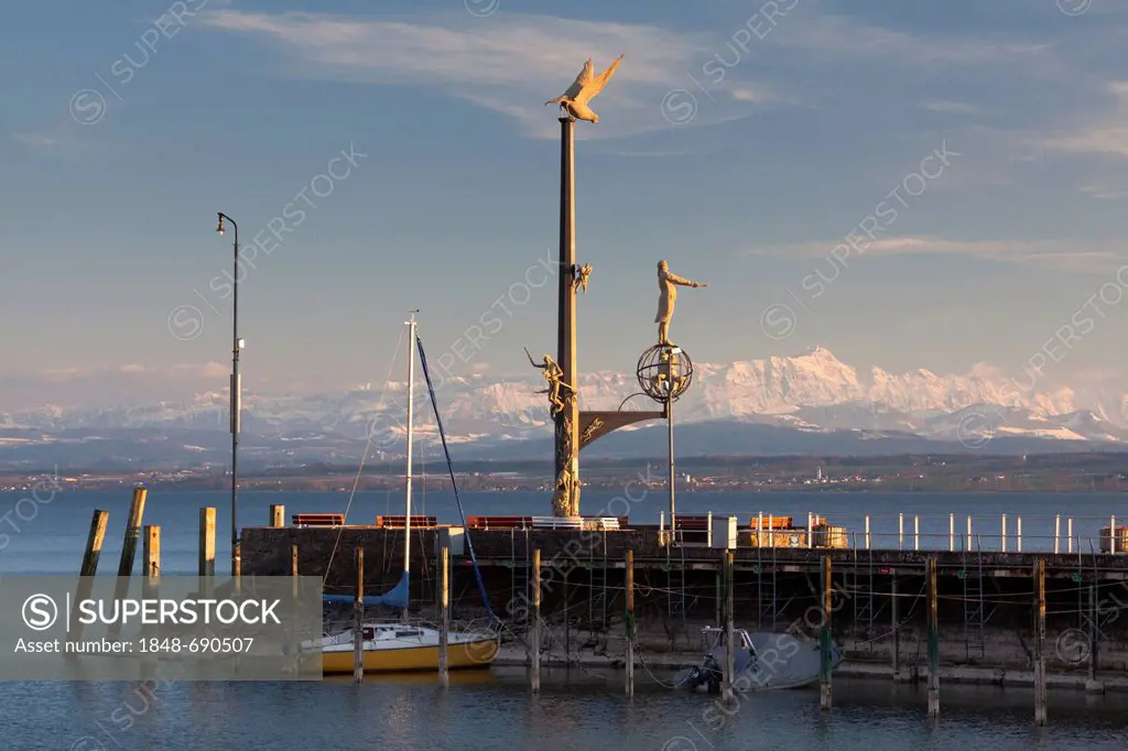 Magische Saeule, magic column, on the pier in Meersburg on Lake Constance with the Alpstein massif at back during foehn weather conditions, Baden-Wuer...