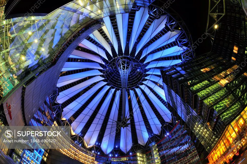 Roof structure of the Sony Center building complex at night, Berlin, Germany, Europe