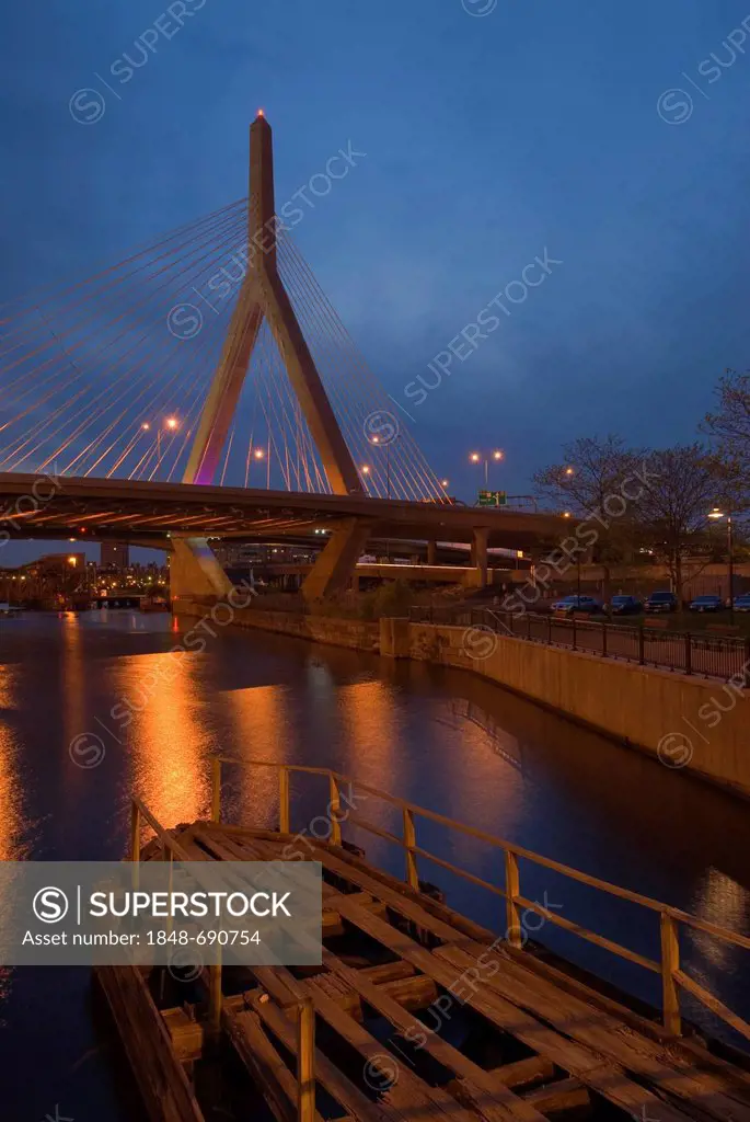 Zakim Bridge crossing Charles River at dusk, Boston, Massachusetts, USA