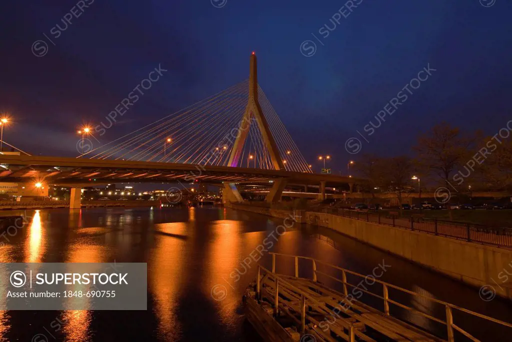 Zakim Bridge crossing Charles River at dusk, Boston, Massachusetts, USA