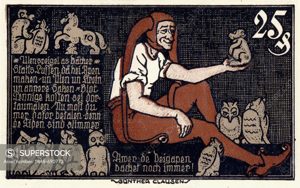 Emergency currency from Brunswick, Brunswick state bank, banknote, image of Till Eulenspiegel as a baker, 75 pfennig, 1921, Germany, Europe