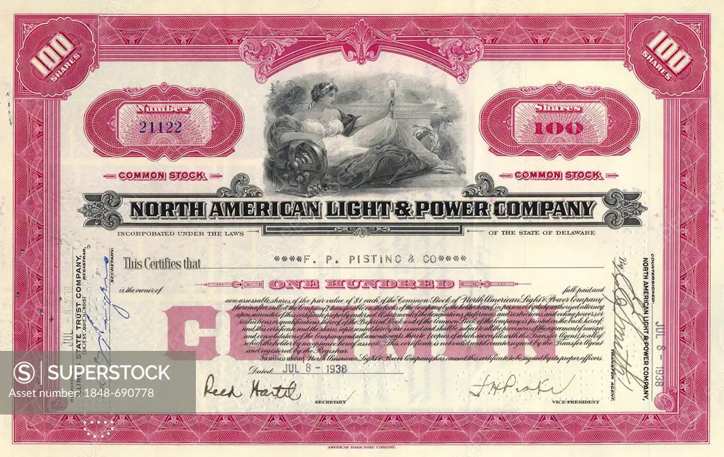 Historic share certificate, North American Light & Power Company, power supplier, Delaware, 1938, USA