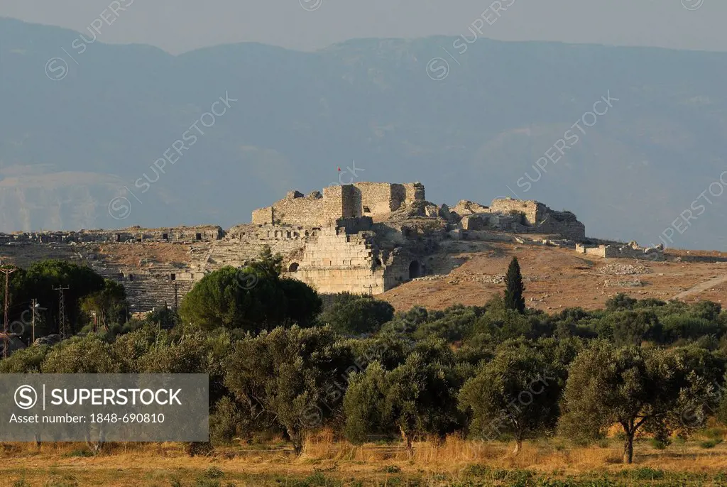 Ruins of Miletus in the evening sun, Greco-Roman amphitheater, near the village of Balat, Aydin Province, South Aegean coast, southwest Turkey, west c...