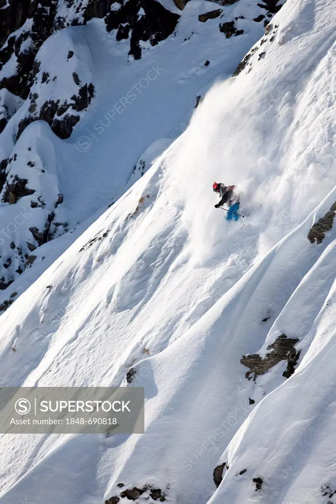 Freerider, skier, snowy landscape, Arlberg mountain range, North Tyrol, Austria, Europe