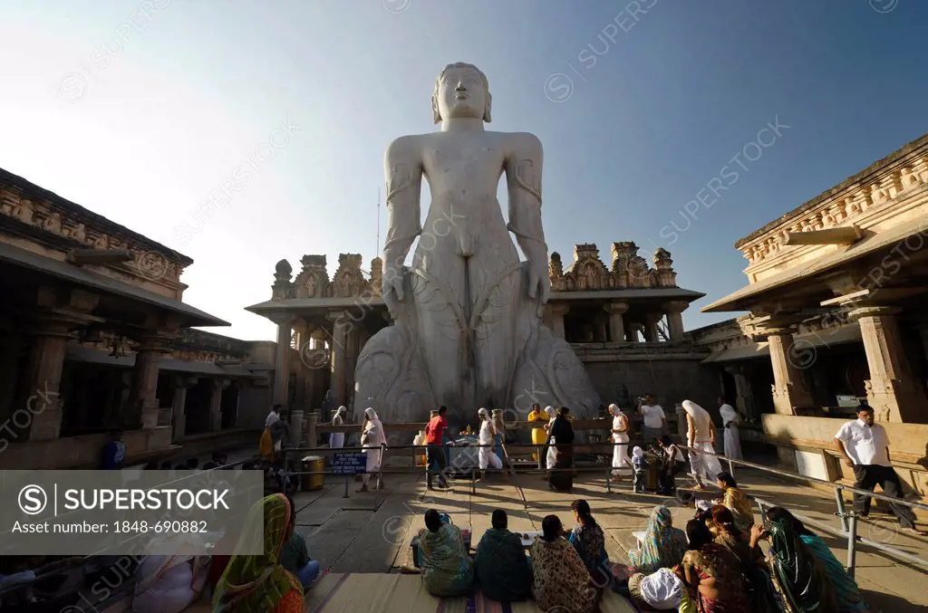 Statue of Lord Gomateshwara, the tallest monolithic statue in the world, dedicated to Lord Bahubali, carved out of a single block of granite stone, 18...