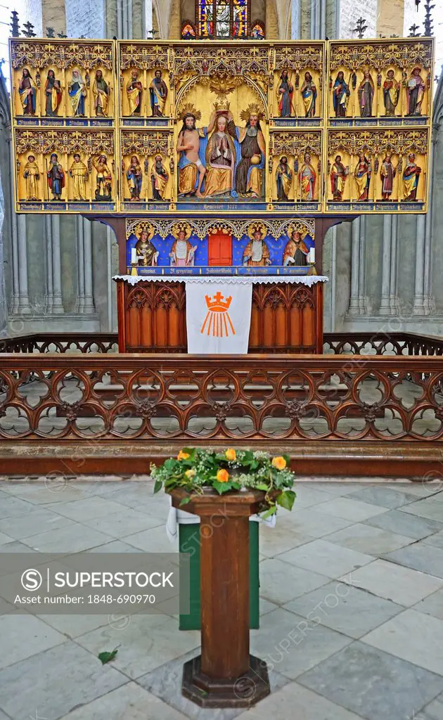 Interior view, coronation altar of Marienkirche, St. Mary's Church, Hanseatic City of Stralsund, UNESCO World Heritage Site, Mecklenburg-Western Pomer...