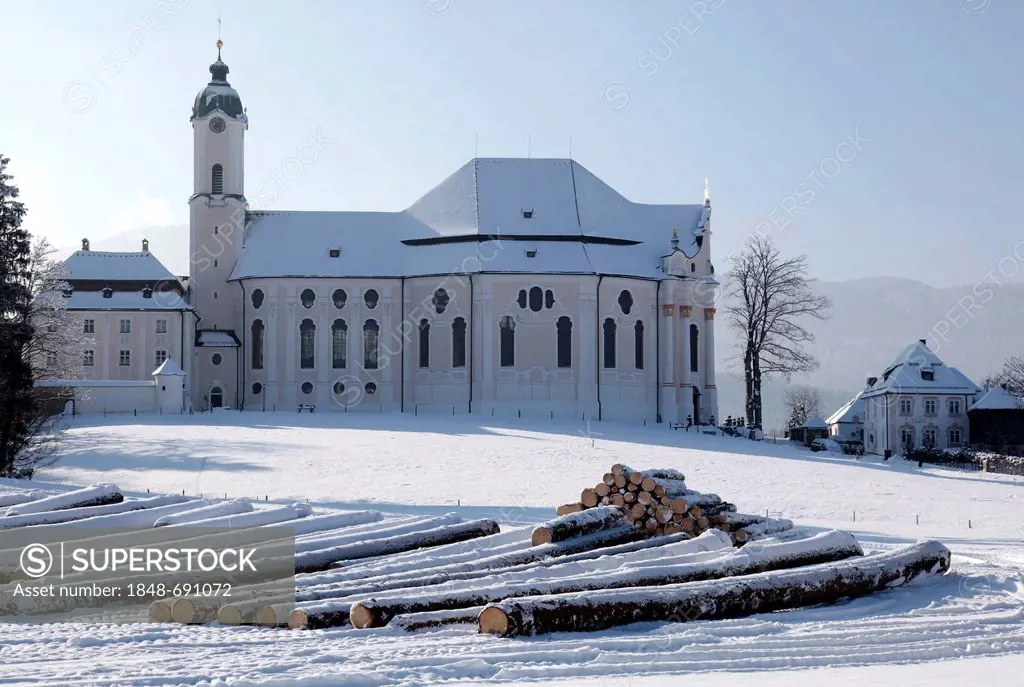 Wieskirche church, pilgrimage church of the Scourged Saviour, snow, Wies, Steingaden district, Bavaria, Germany, Europe