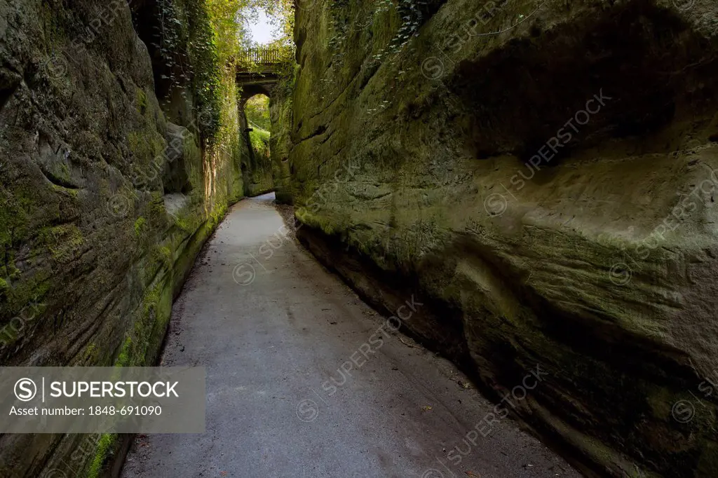Path between sandstone rocks in Goldach at Ueberlingen on Lake Constance, Germany, Europe