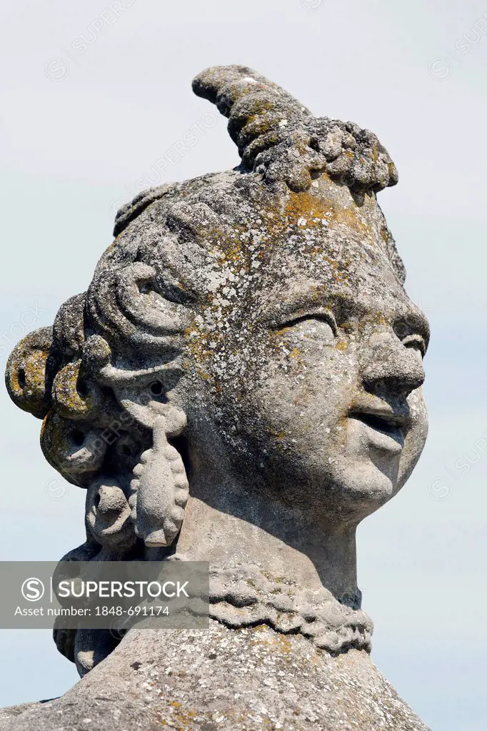 Head of a sphinx, Rococo Gardens, Schloss Veitshoechheim Castle, Lower Franconia, Bavaria, Germany, Europe