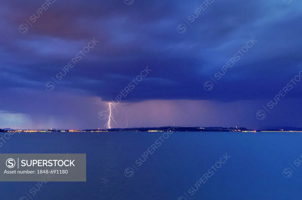 Storm clouds, heavy rain and lightning storm over Konstanz on Lake Constance, Baden-Wuerttemberg, Germany, Europe