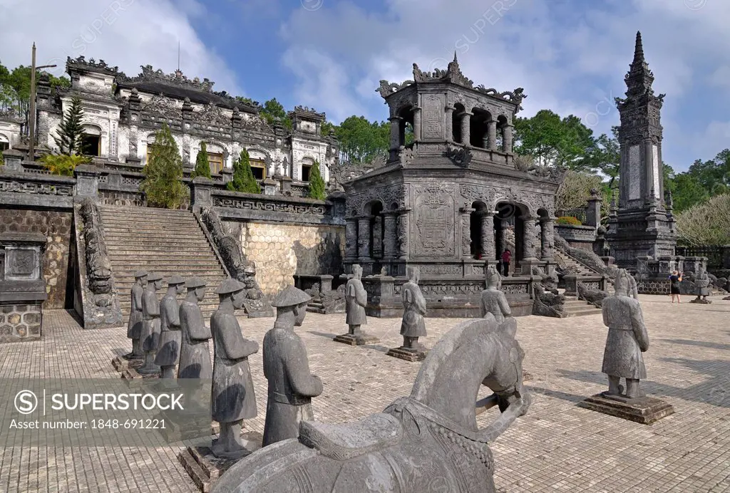 Tomb of Emperor Khai Dinh, mausoleum, guardian statues in stone, Hue, UNESCO World Heritage Site, Vietnam, Asia