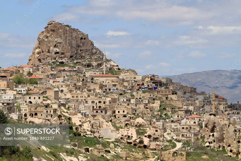 View towards Castle Rock and the town of Uchisar, Cappadocia, central Anatolia, Turkey