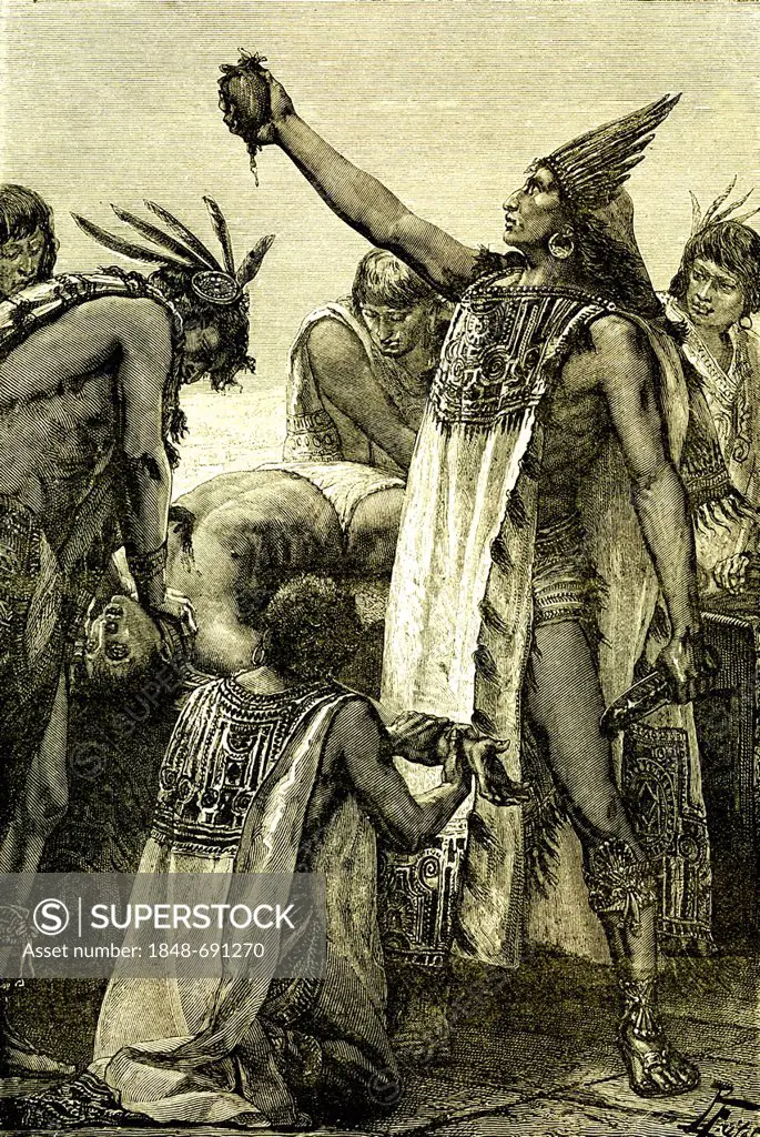 Human sacrifice, priest showing the heart, Mexico, historical illustration, 1869