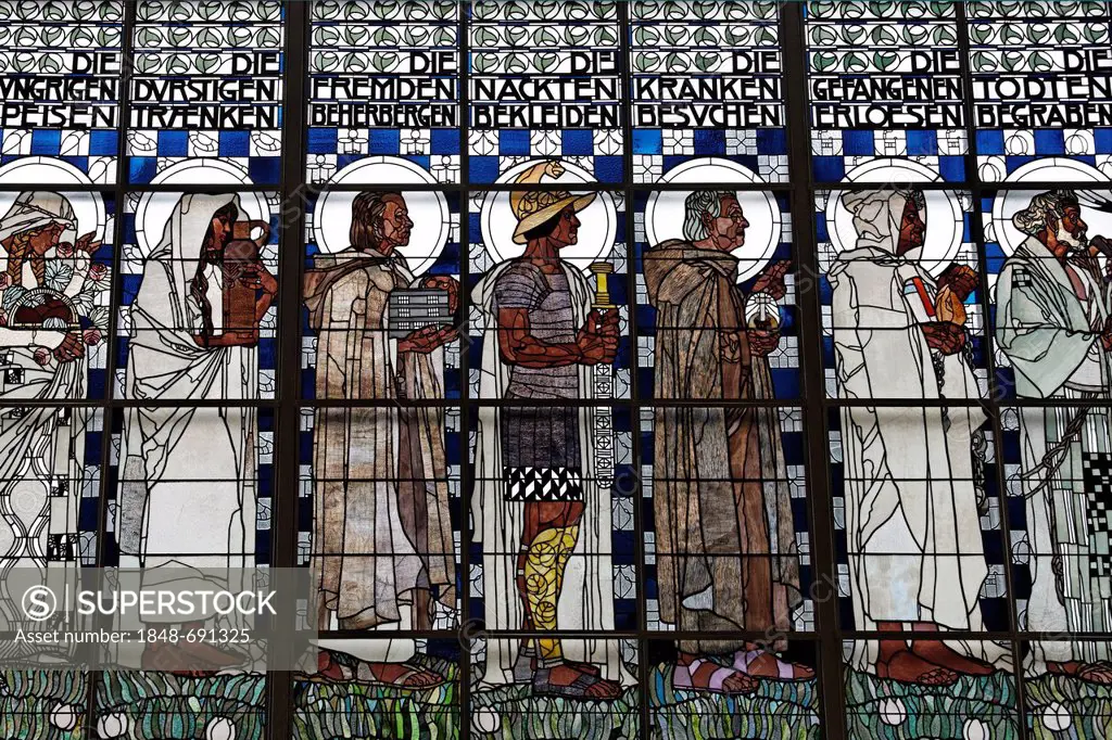 Statues of holy men, Art Nouveau stained glass window by Kolo Moser, Kirche Am Steinhof church, by Otto Wagner, Baumgartner Hoehe heights, Vienna, Aus...