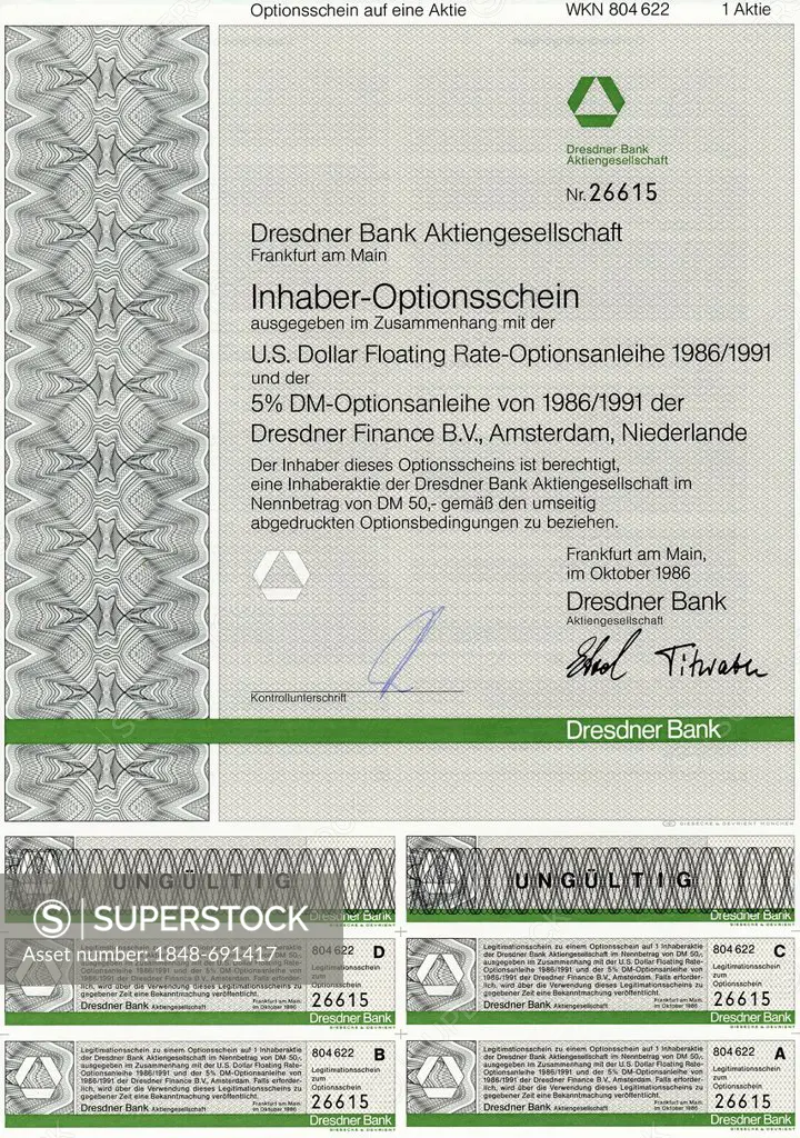 Bearer warrants for shares of Dresdner Bank AG and Dresdner Finance BV, Amsterdam, The Netherlands, 1986