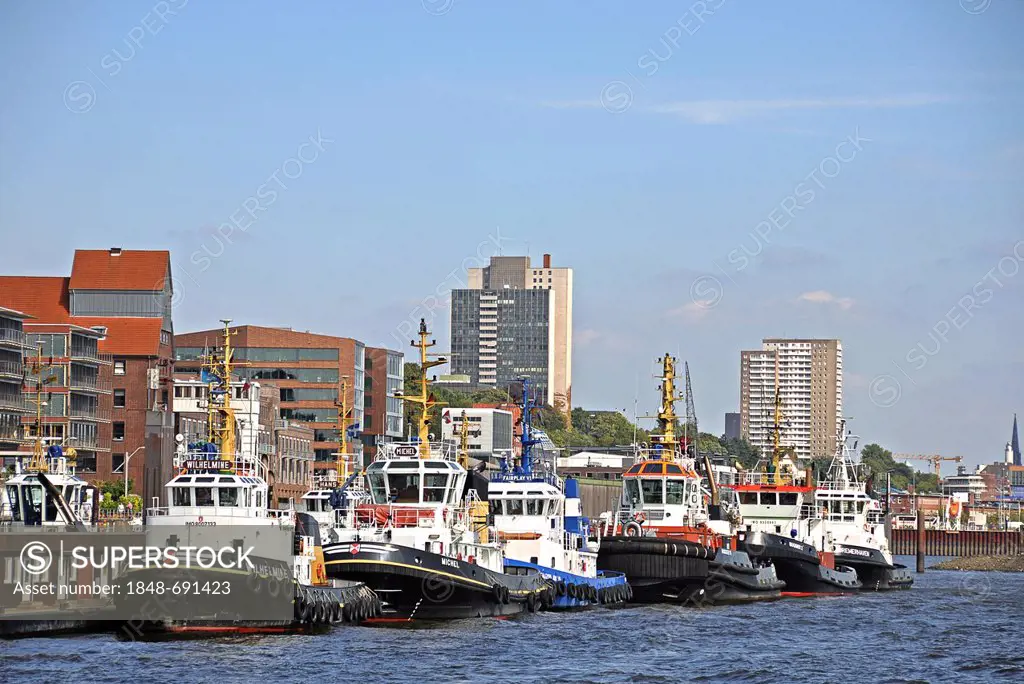 Tugs moored in Neumuehlen, Hamburg, Germany, Europe
