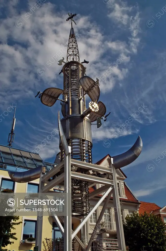 Tower made of recycled stainless steel, 25 meters high, by artist Albert Sous, an inhabitant of Aachen, Am Marktplatz square, Aurich, East Frisia, Low...