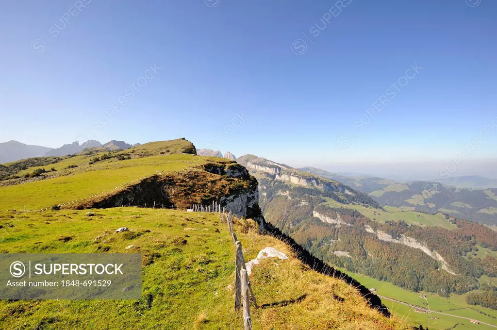 Escarpment on the high plateau Alp Sigel, 1730 m, with the view over the Appenzell region towards Ebenalp Mountain, Canton of Appenzell Innerrhoden, S...
