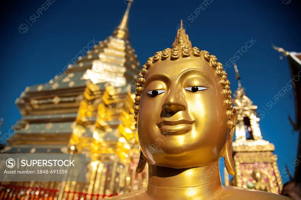 A golden Buddha statue and a golden pagoda or Chedi, Wat Phra That Doi Suthep, Chiang Mai, Northern Thailand, Thailand, Asia
