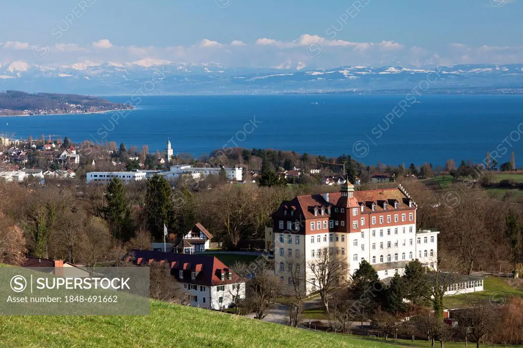 Schloss Spetzgart Castle and the town of Ueberlingen, Alps at back, Baden-Wuerttemberg, Germany, Europe
