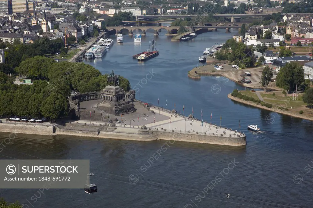 Deutsches Eck, German Corner, the confluence of the Rhine and Moselle rivers with the equestrian statue of Kaiser Wilhelm in Koblenz, Rhineland-Palati...