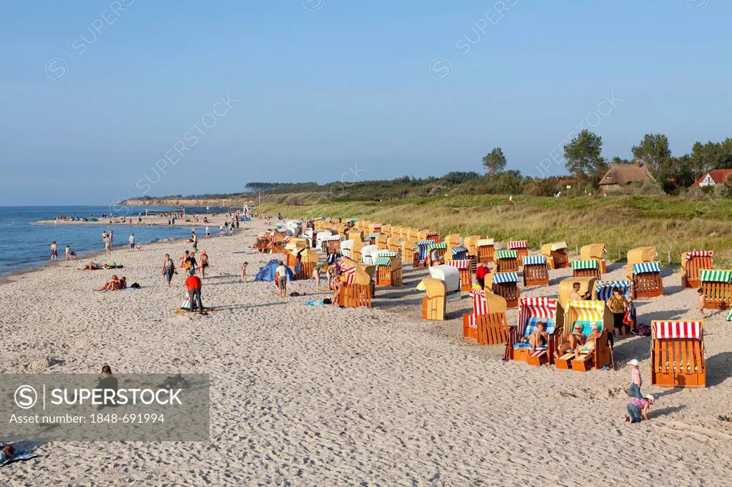 Roofed wicker beach chairs at the beach, Wustrow, Darss, Mecklenburg-West Pomerania, Germany, Europe, PublicGround