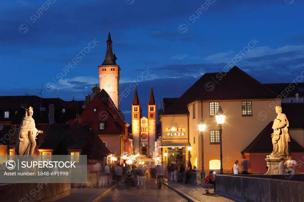 View from the Old Main Bridge, Domstrasse with Grafeneckart Tower and Wuerzburg Cathedral, Wurzburg, Lower Franconia, Franconia, Bavaria, Germany, Eur...