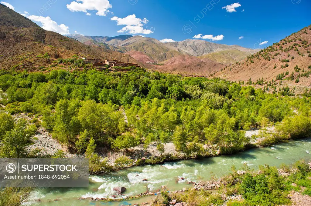Mountain landscape with a river valley in the High Atlas Mountains, Tizi-n-Test Mountain Pass Road, southern Morocco, Morocco, Africa