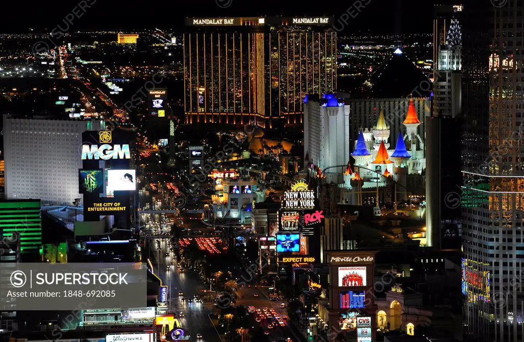Night shot, The Strip, MGM Grand luxury hotel, New York, Mandalay Bay, Excalibur Hotel, Las Vegas, Nevada, USA