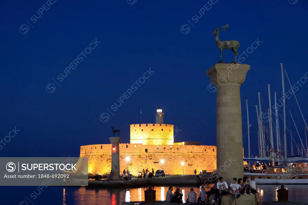 Elafos and Elafina, sculptures of a stag and a doe on columns, Agios Nikolaos fortified tower, Mandraki harbour, Rhodes, Greece, Europe, PublicGround