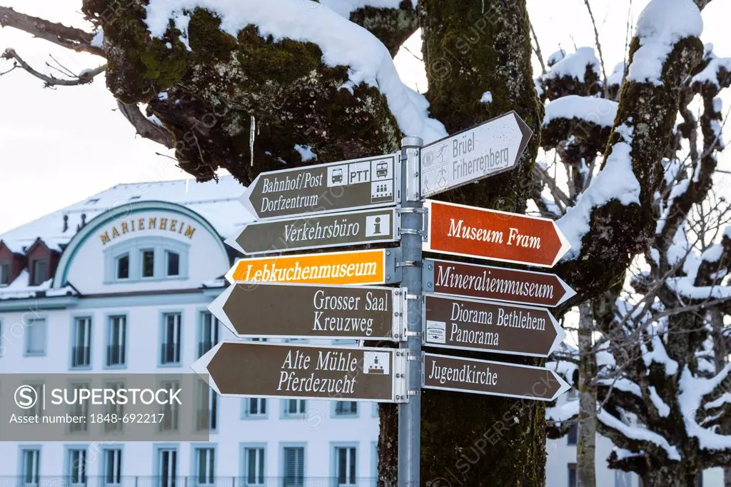 Signpost, Einsiedeln, Canton of Schwyz, Switzerland, Europe