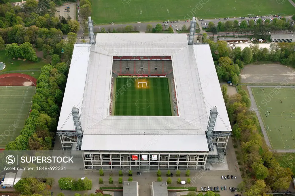 Aerial view, RheinEnergieStadion stadium of the 1. FC Koeln, German Soccer League stadium, Cologne, North Rhine-Westphalia, Germany, Europe