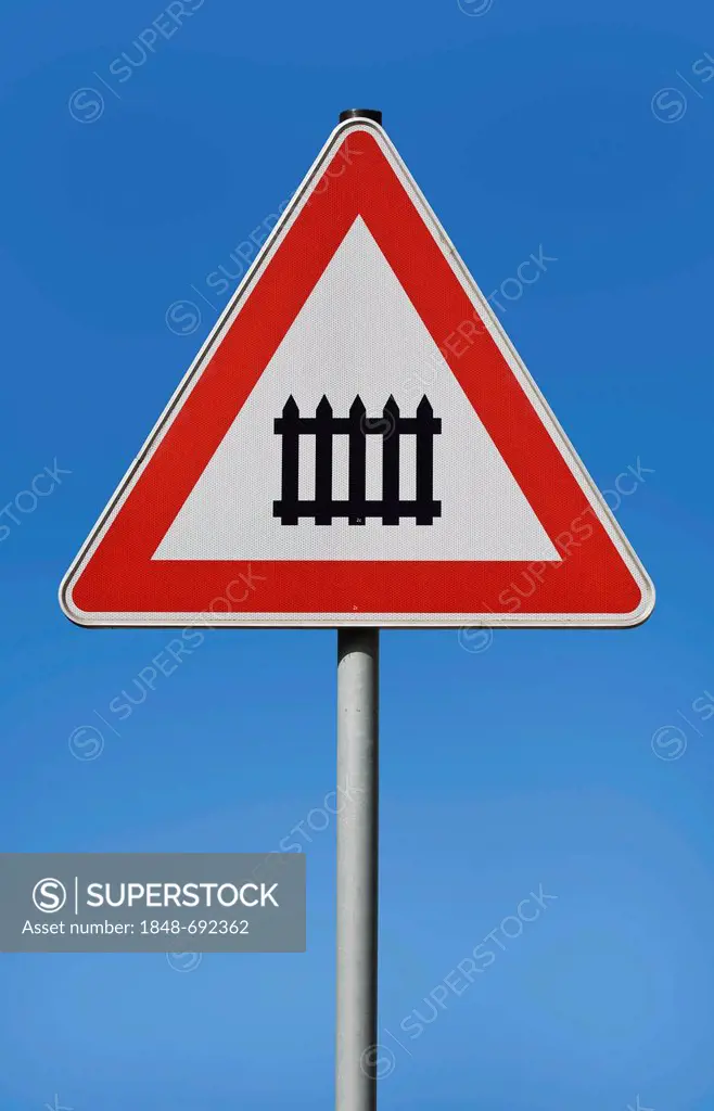 Traffic sign, railway crossing with gates