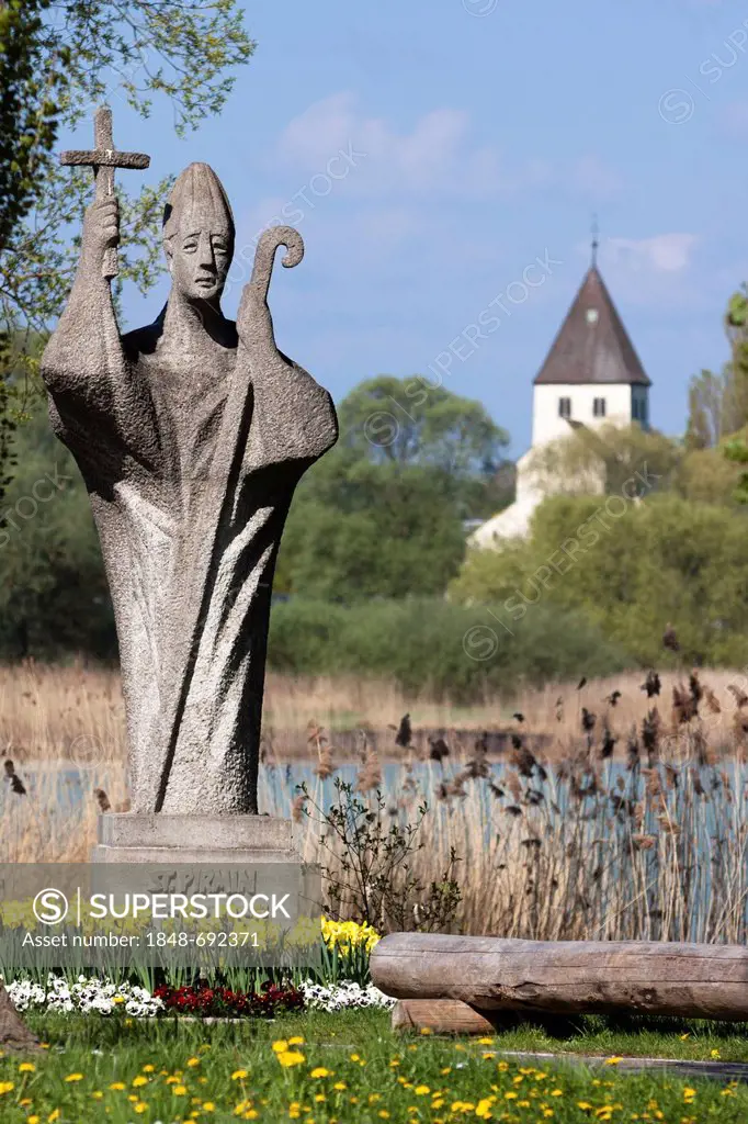 Statue of Saint Pirmin at the entrance of Reichenau Island, facing the Church of St. Georg, Reichenau Island, Konstanz district, Baden-Wuerttemberg, G...