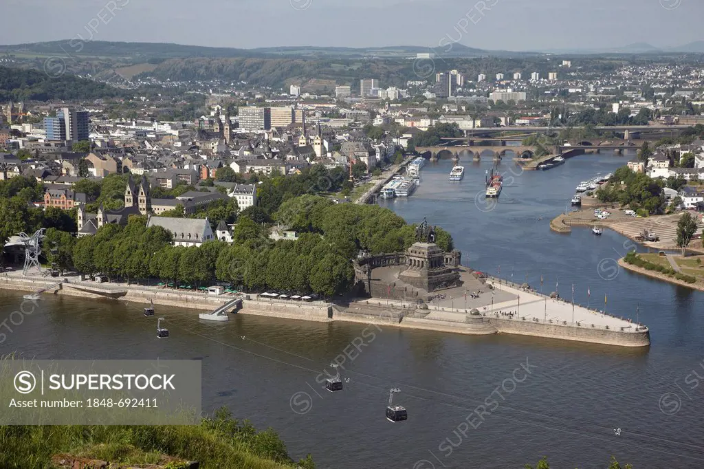 Deutsches Eck, German Corner, the confluence of the Rhine and Moselle rivers with the equestrian statue of Kaiser Wilhelm in Koblenz, Rhineland-Palati...