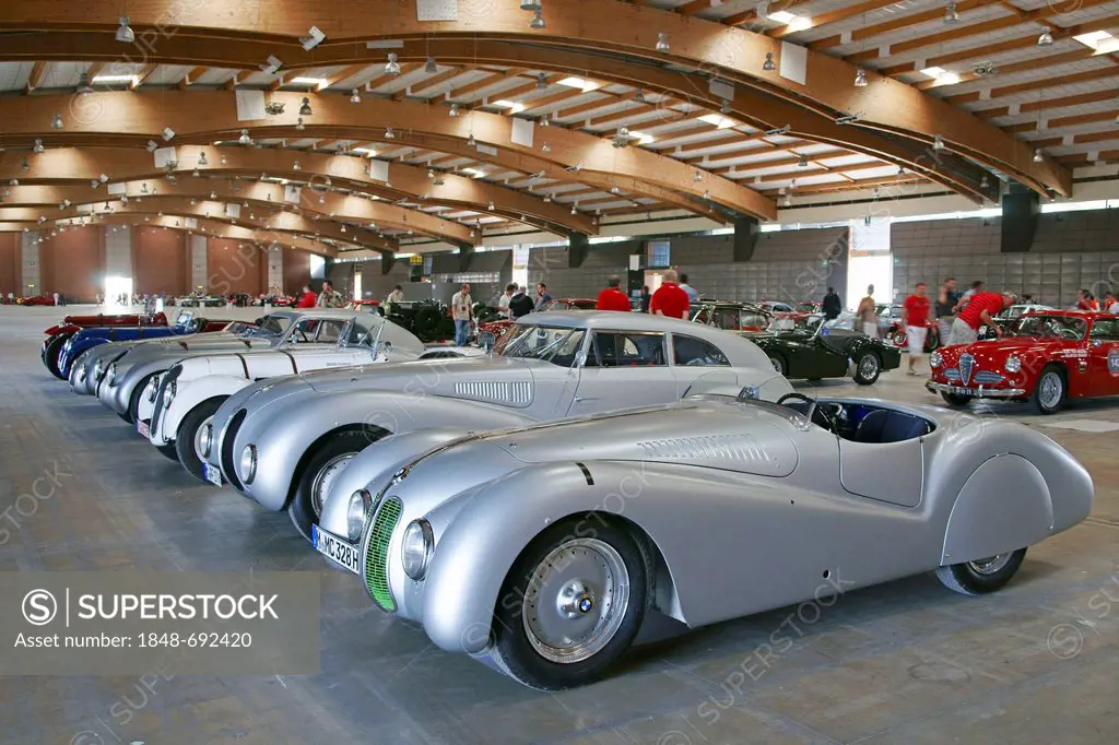 BMW 328 vintage cars, fair, exhibition hall, Mille Miglia or 1000 Miglia exhibition, Brescia, Lombardy, Italy, Europe